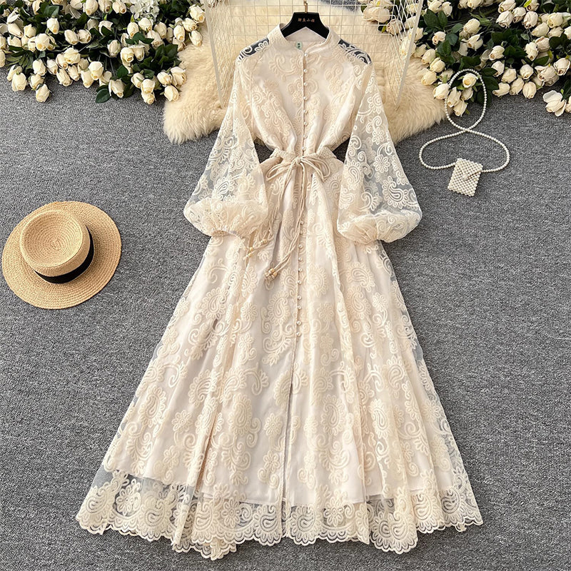 👗50% OFF NOW! ✨ Vintage Embroidered Lantern Sleeve Dress – Delicate Embroidery, Romantic Puff Sleeves & Flowy Fit 🌸