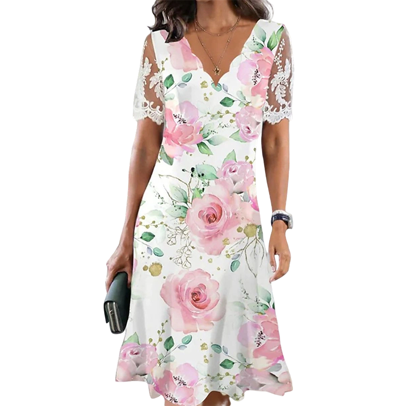 ⚡ 50% OFF NOW! ✨ Women's Floral Print Lace Sleeve Dress