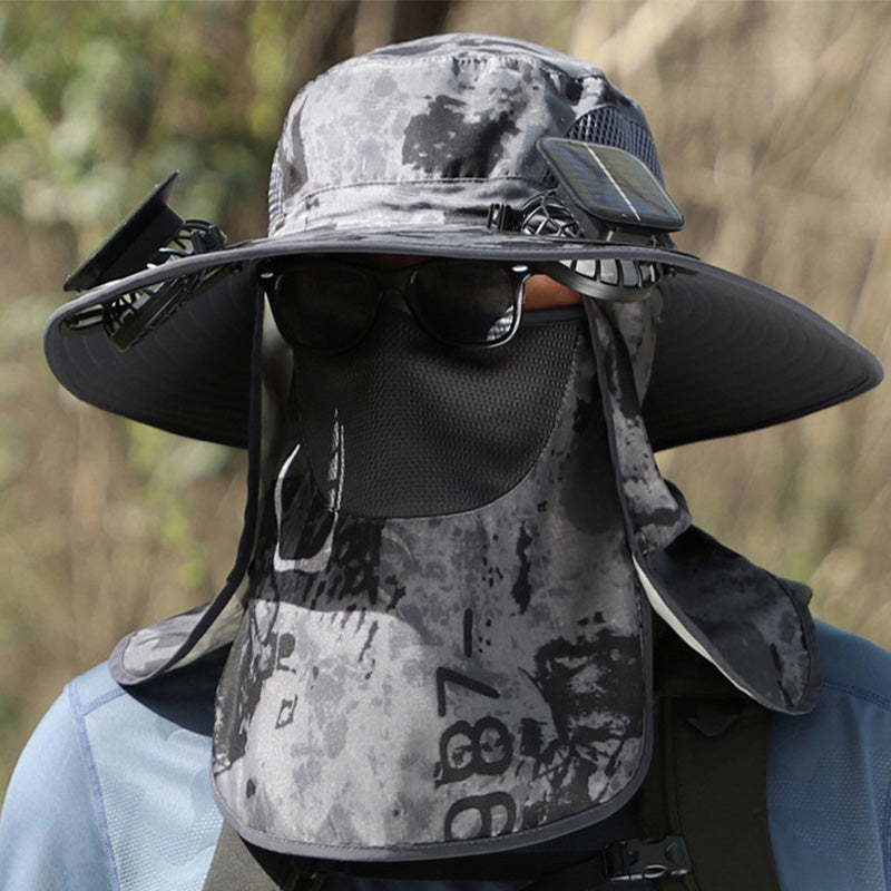 Wide-Brim Sun Hat with Solar-Powered Rechargeable Fan & Detachable Face Shield