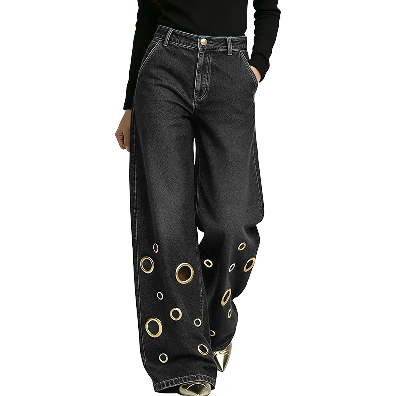 ๐โจ Plus Size High Waist Stretch Straight Jeans โ 50% OFF! Vintage wide leg, metal ring detail, button fly โ all-season comfort for every body.