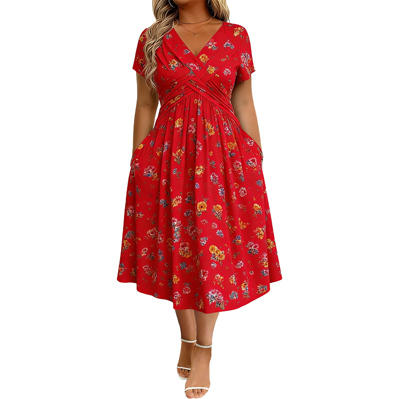 ๐ 50% OFF NOW! ๐Women's V-Neck Floral Twist Waist Midi Dress โ with Side Pockets, Soft Flowy Casual Summer Dress