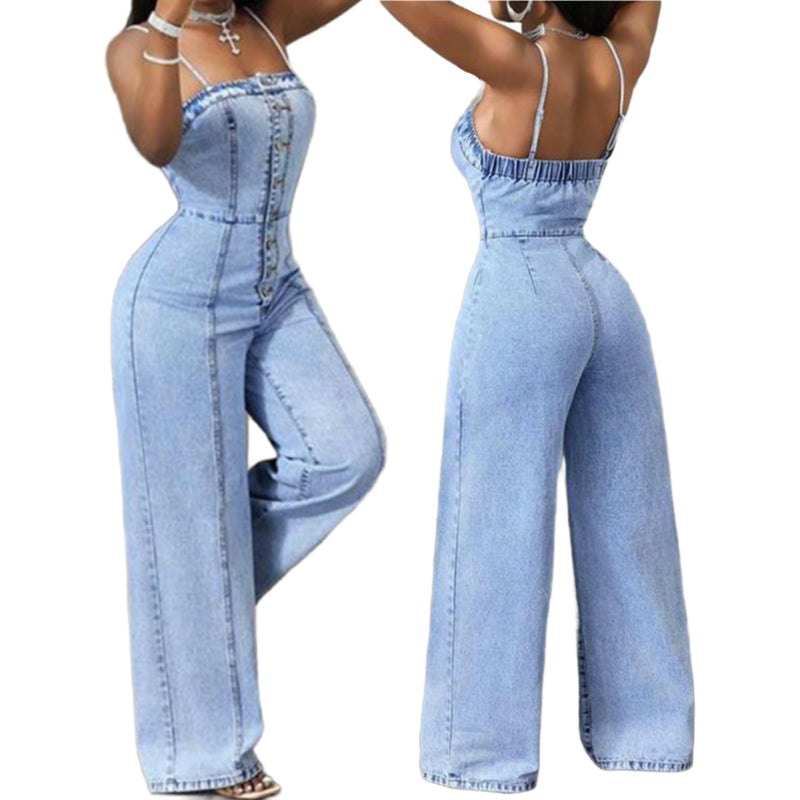 🎉 2026 Sale — Over 35 600 Sold!👖 Women Spaghetti Strap Wide Leg Denim Jumpsuit