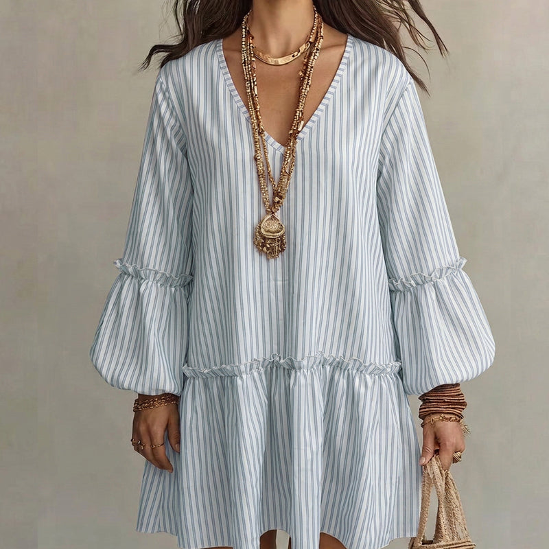 ๐ธ๐New Arrivals - Striped Lantern Sleeve Midi Dress โ Flattering V-Neck & Breezy Silhouette for Any Casual Day