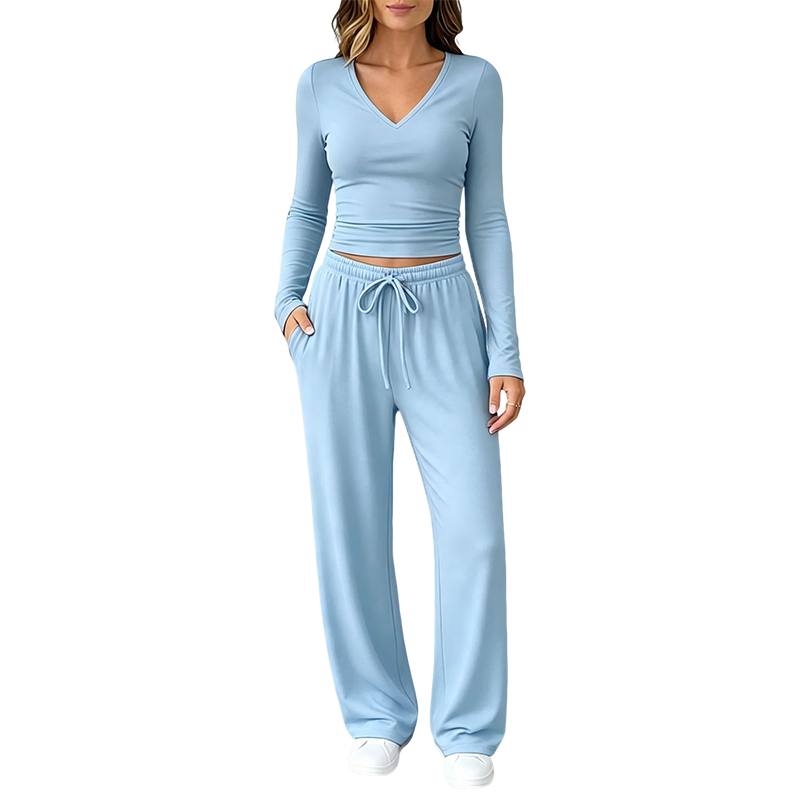 ๐ Women's V-Neck Long-Sleeve Top & Wide-Leg Pants Set โ Effortless Autumn Elegance