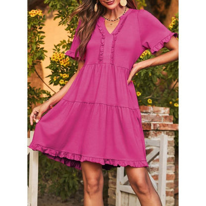 🔥2026 Summer Hot Sale 50% OFF🌈Women's V Neck Ruffle Casual A-Line Flowy Swing Shift Dress