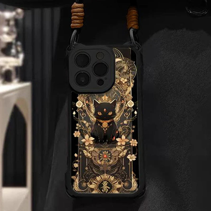 📢📢50 % OFF !!⏰Black Cat & Gold Pattern Phone Cover with Strap