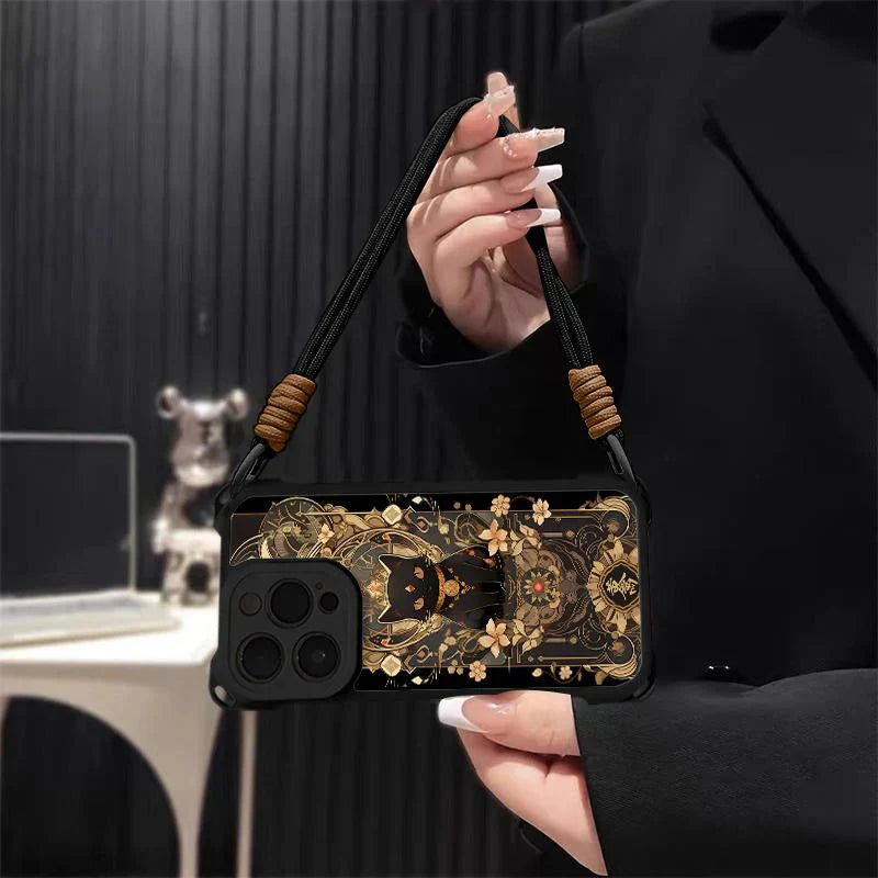 📢📢50 % OFF !!⏰Black Cat & Gold Pattern Phone Cover with Strap