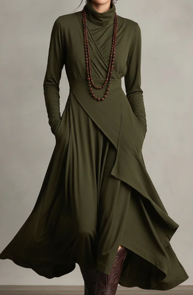 ⏳Time-Limited Special⏰ Women's Elegant High-Neck Asymmetrical Maxi Dress – Draped Design for Effortless Charm!