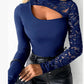 ✨2026 New Arrival 50%OFF✨Women's Asymmetrical Cutout Lace Sleeve Top – Slim Fit, Mock Neck & Romantic Keyhole Back Detail 👗🖤