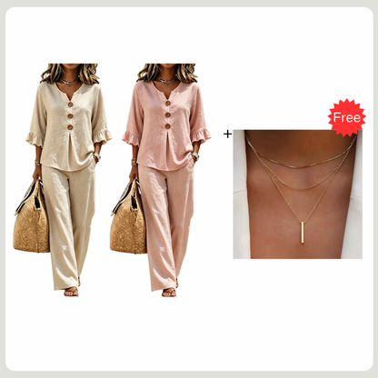 👚👖 Women's Set with Ruffled Top and Wide-Leg Trousers – Elegant & Comfortable ✨