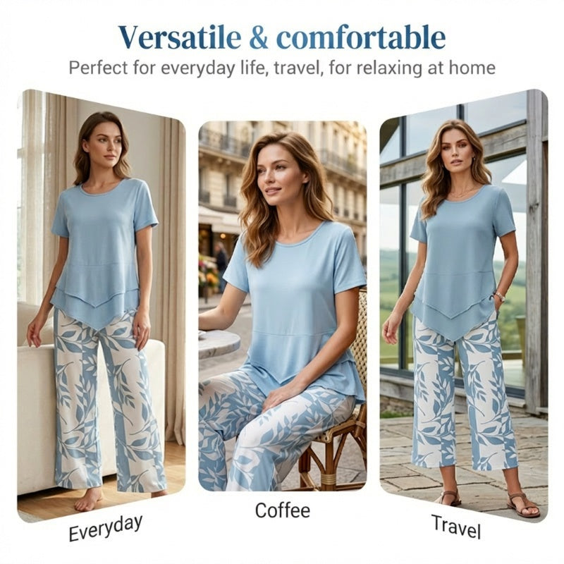 🥳SUMMER HOT SALE🥳💞50K+ SOLD!💥50% OFF! 🔥Casual Round Neck Layered Tunic Top and Wide Leg Pants Set