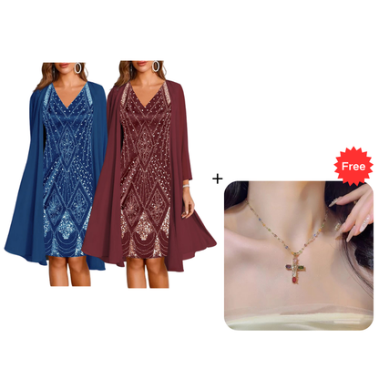 🔥Limited-Time Offer-Women's Long-Sleeve Printed Dress & Cardigan 2 Piece Set✨