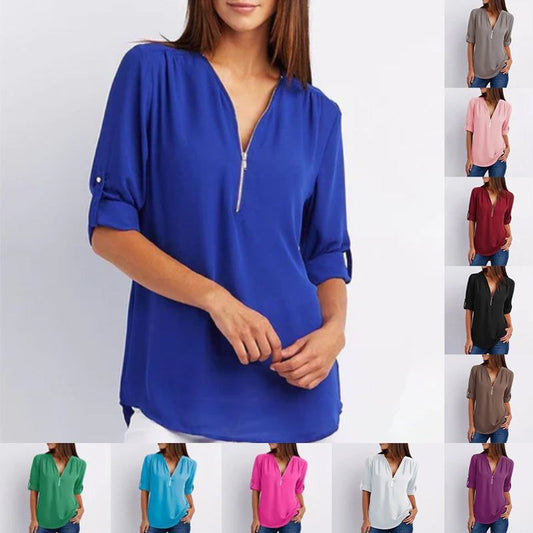 Women's casual zippered V-neck shirt