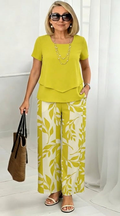 ⏳Time-Limited Special 50% OFF⏰Women's Two-Piece Leaf Print Wide-Leg Pants Set