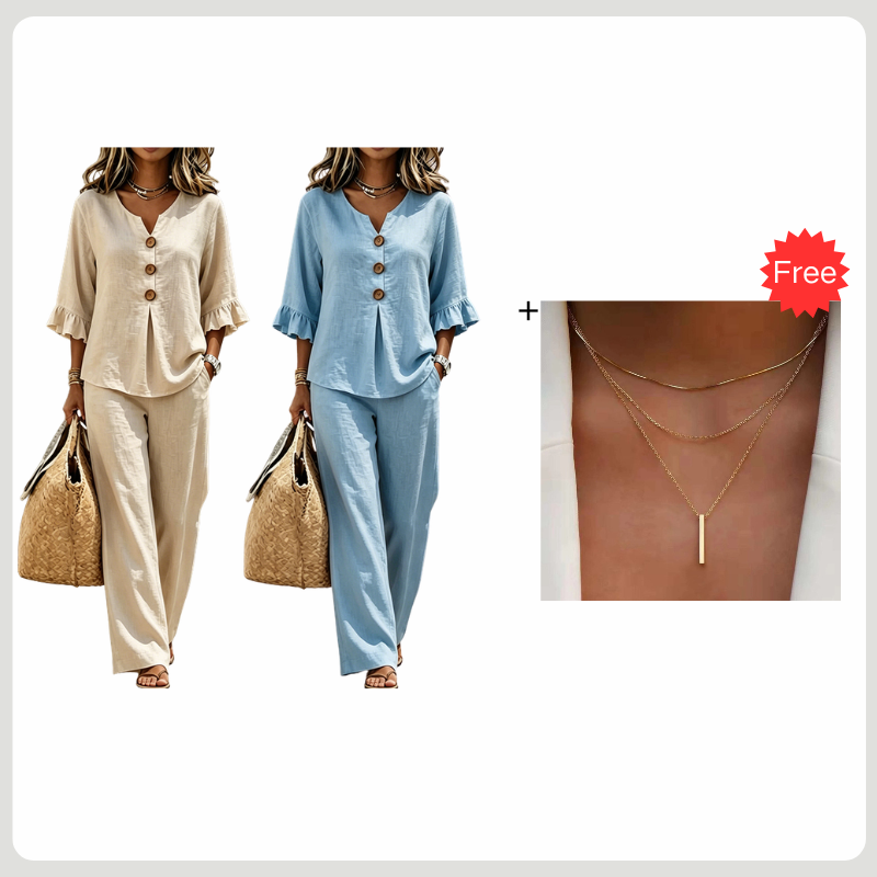 👚👖 Women's Set with Ruffled Top and Wide-Leg Trousers – Elegant & Comfortable ✨