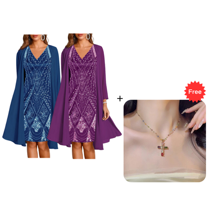 🔥Limited-Time Offer-Women's Long-Sleeve Printed Dress & Cardigan 2 Piece Set✨