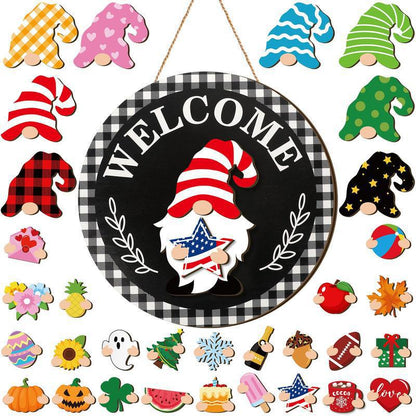 ⏰Interchangeable Welcome Sign with Highland Cow Featuring Seasonal Magnet, Detachable Hats, Accessories