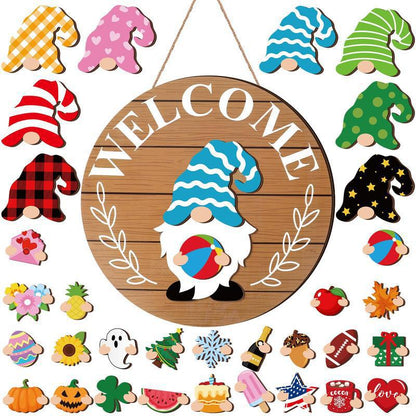 ⏰Interchangeable Welcome Sign with Highland Cow Featuring Seasonal Magnet, Detachable Hats, Accessories