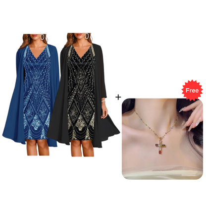 🔥Limited-Time Offer-Women's Long-Sleeve Printed Dress & Cardigan 2 Piece Set✨