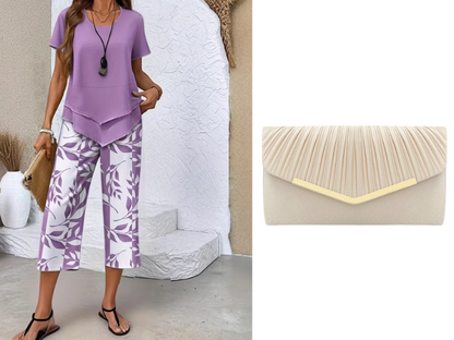 🥳SUMMER HOT SALE🥳💞50K+ SOLD!💥50% OFF! 🔥Casual Round Neck Layered Tunic Top and Wide Leg Pants Set