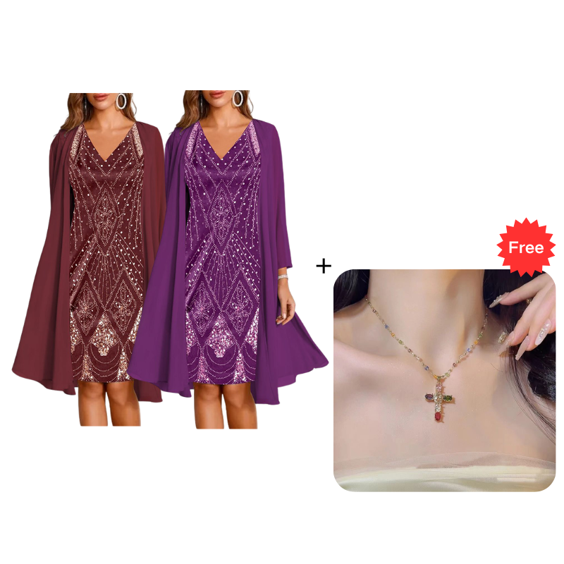 🔥Limited-Time Offer-Women's Long-Sleeve Printed Dress & Cardigan 2 Piece Set✨