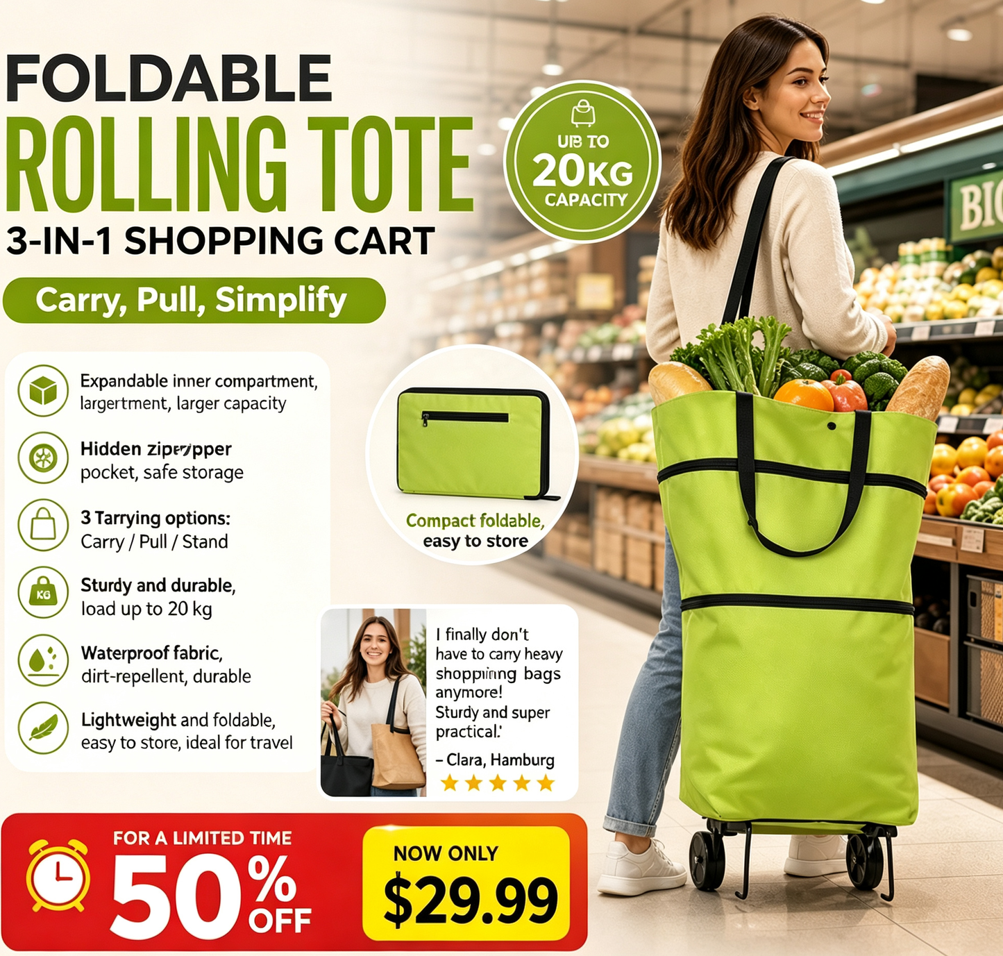 🛍️✨ Convertible shopping tote – hides wheels, holds 20kg, expands with zipper!✅Factory direct sales