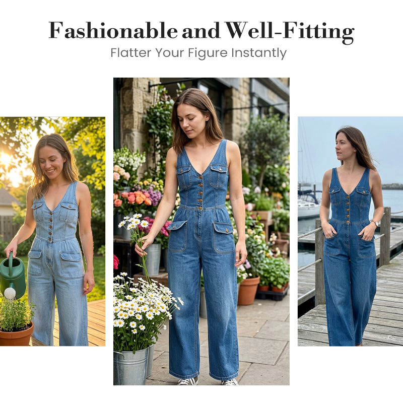 👖 LIMITED-TIME 50% OFF! 💥Women's Denim Jumpsuit – Sleeveless, V-Neck, Wide-Leg 💫