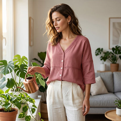 👚Women's V-Neck Lace Trim Button-Down Blouse– Elegant Everyday Top✨