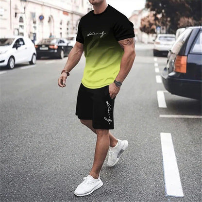 🌈👕 Men's Gradient Color 2-Piece Set – T-Shirt & Shorts, Breathable, Relaxed Fit 🩳