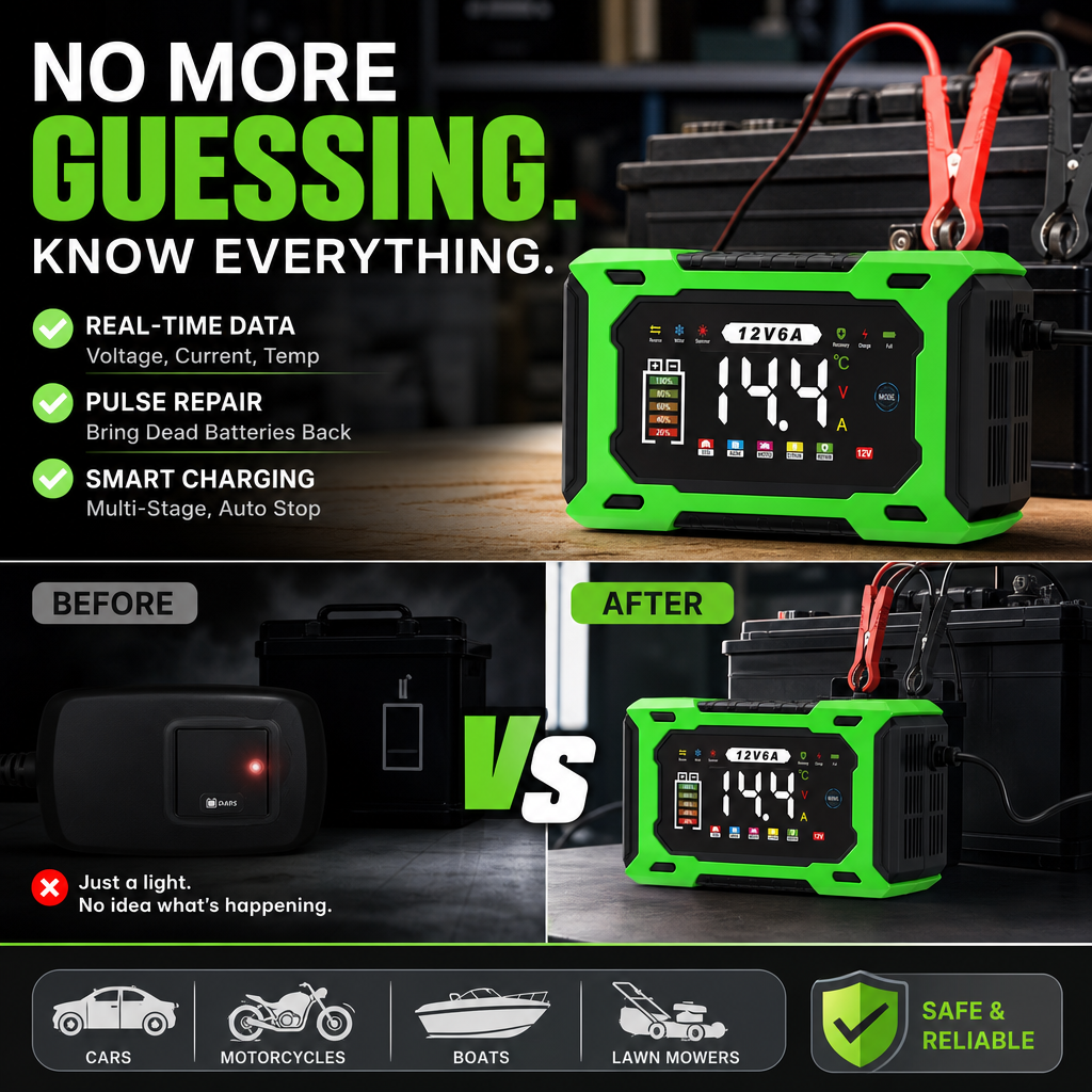 ⏳Time-Limited Special⏰12V 6A Smart Car Battery Charger – Pulse Repair Technology, Auto Maintain & Desulfation