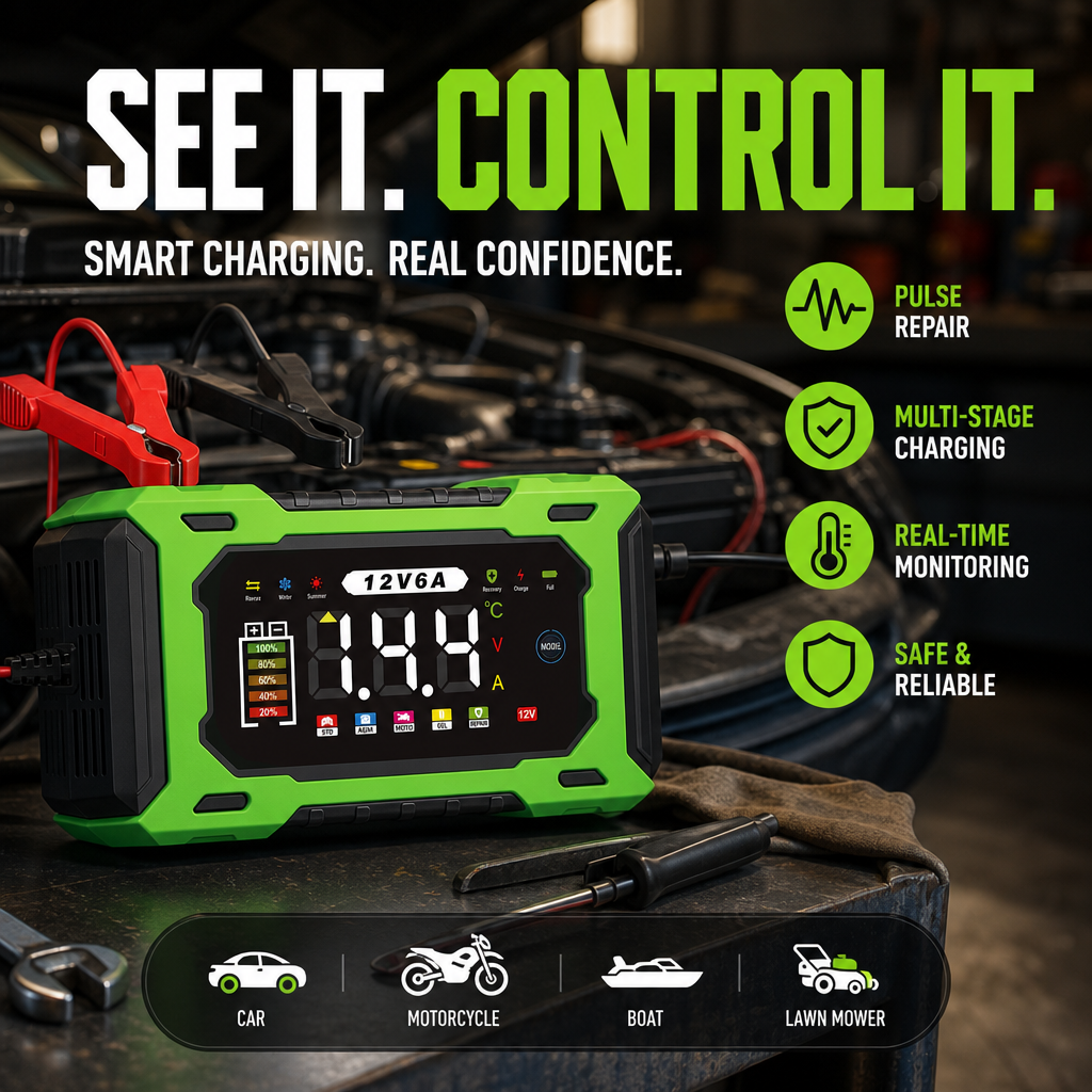 ⏳Time-Limited Special⏰12V 6A Smart Car Battery Charger – Pulse Repair Technology, Auto Maintain & Desulfation