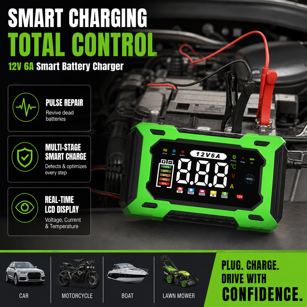 ⏳Time-Limited Special⏰12V 6A Smart Car Battery Charger – Pulse Repair Technology, Auto Maintain & Desulfation