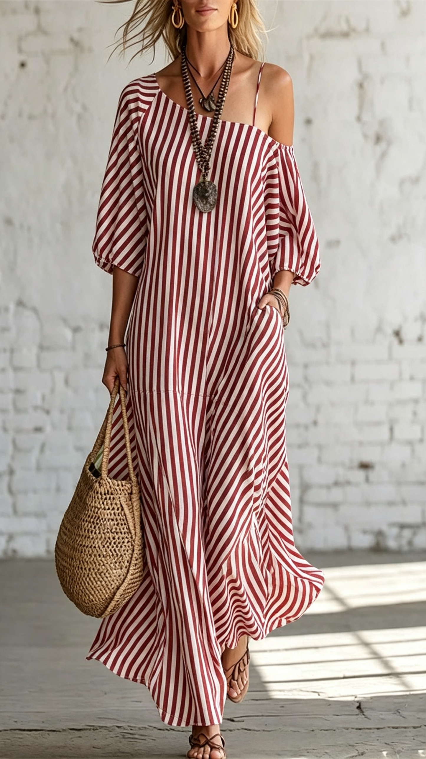 ☀️Women's One-Shoulder Striped Maxi Dress – Flowy Puff Sleeve Style With Effortless Summer Elegance 🌿