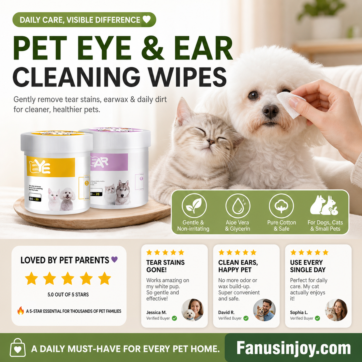 Natural Plant-Based Cleaning Wipes for Pet Eyes and Ears