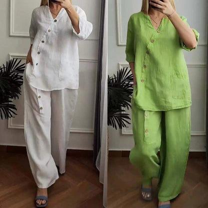 💥Summer Hot Sale 50% OFF💥Women's Casual Loose 2-Piece Set with Chic Button Embellishment