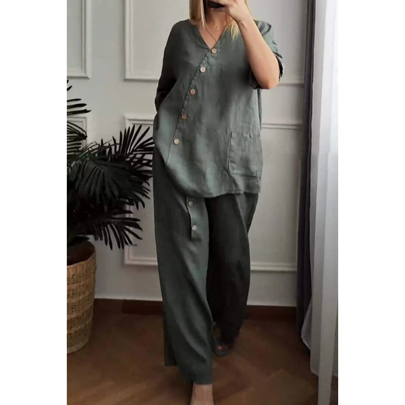 💥Summer Hot Sale 50% OFF💥Women's Casual Loose 2-Piece Set with Chic Button Embellishment