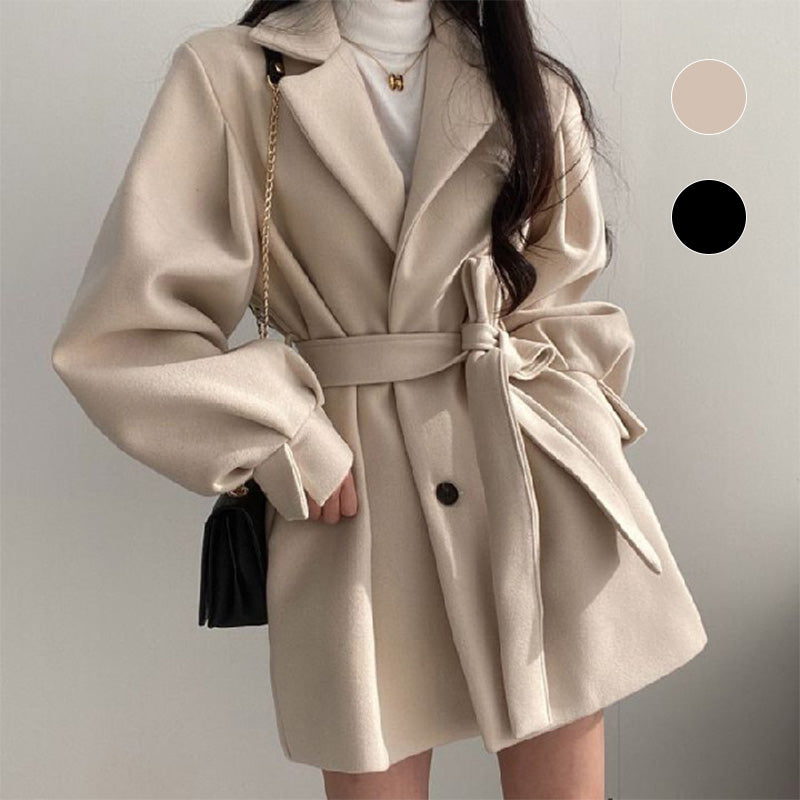 Women’s Waist Tie Lantern Sleeve Coat