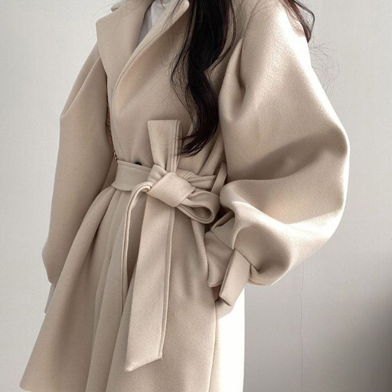 Women’s Waist Tie Lantern Sleeve Coat