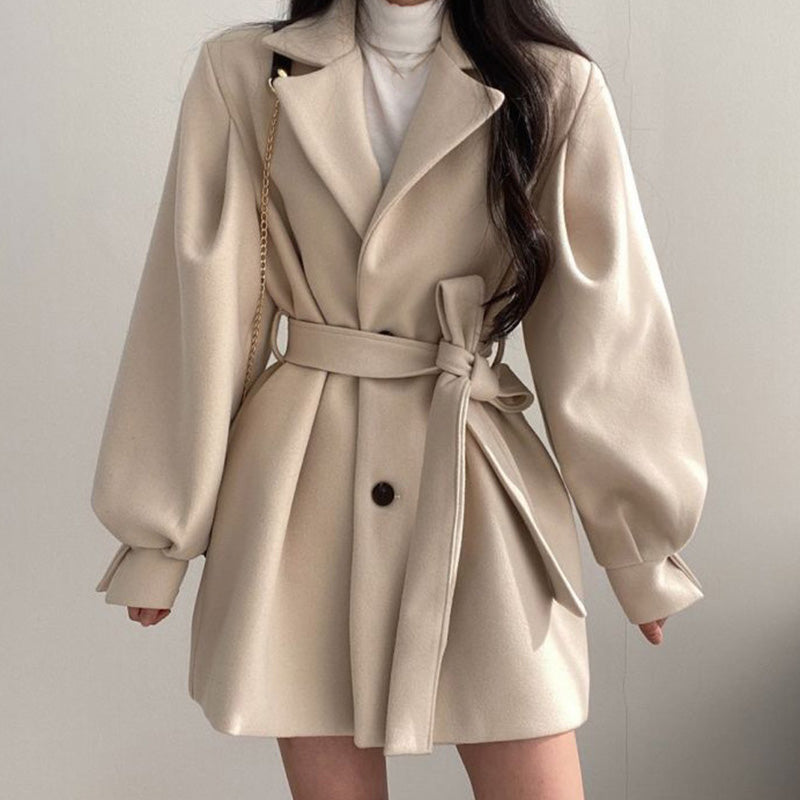 Women’s Waist Tie Lantern Sleeve Coat