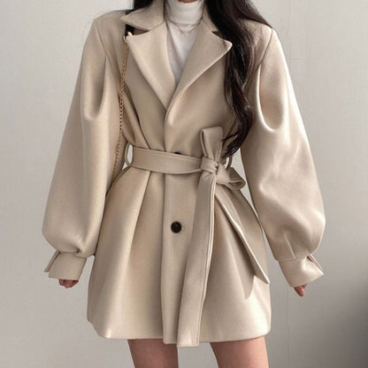 Women’s Waist Tie Lantern Sleeve Coat