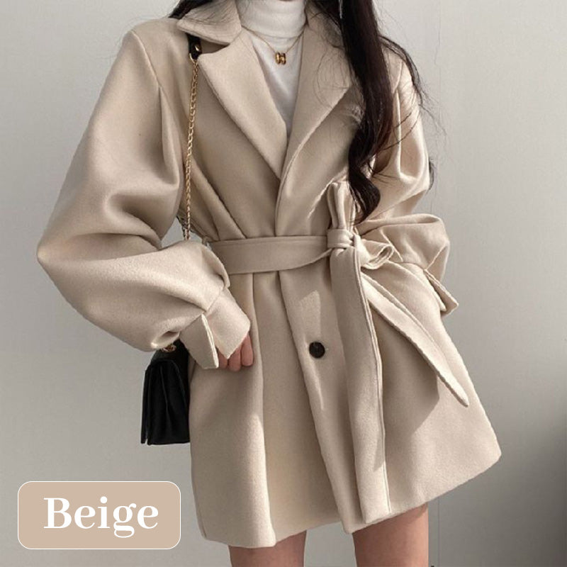 Women’s Waist Tie Lantern Sleeve Coat