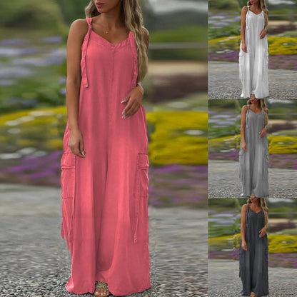 Women's Loose Wide-Leg Jumpsuit with Pockets