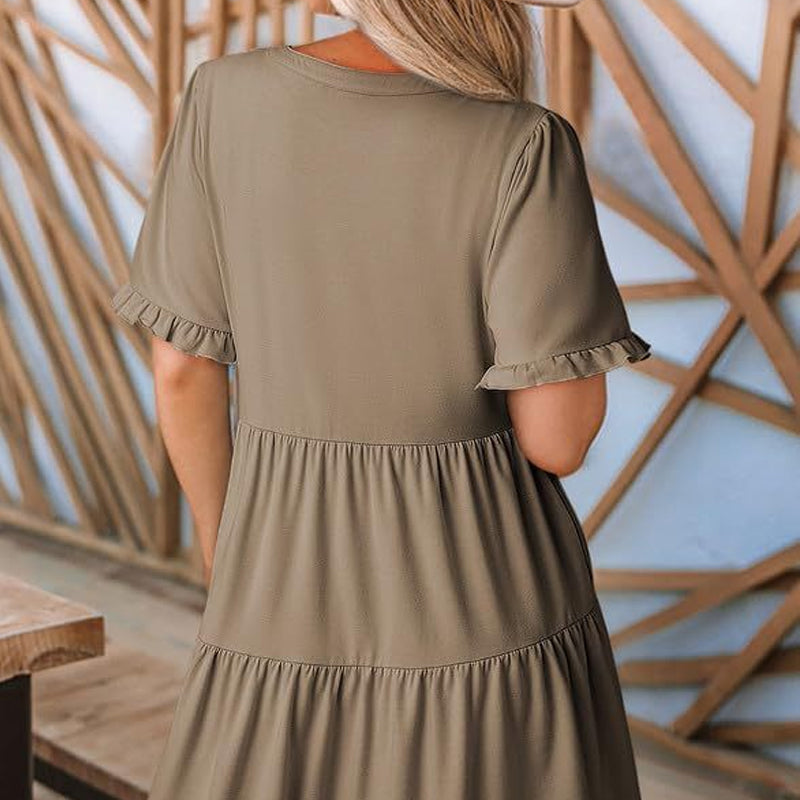 🔥2026 Summer Hot Sale 50% OFF🌈Women's V Neck Ruffle Casual A-Line Flowy Swing Shift Dress