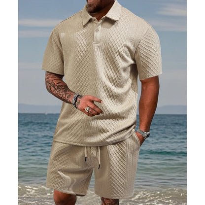 🔥Hot Sale 50% Off💥Men’s Diamond Pattern Turn-Down Collar Short Sleeve Top & Drawstring Shorts 2-Piece Set