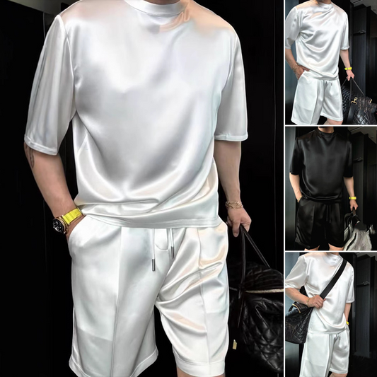 ⏳2025 Hot Sale 50% OFF🔥High Quality Men's Mercerized Cotton Casual Solid Color Top and Shorts Two-Piece Set【Loose fit, suitable for all occasions】