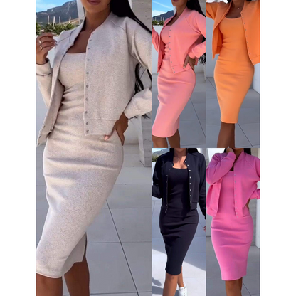 💎 50% OFF! 💎 Spaghetti Strap Bodycon Dress & Jacket Set – Curve-Hugging Fit, 5 Colors & Effortless Day-to-Night Style 🌸👗