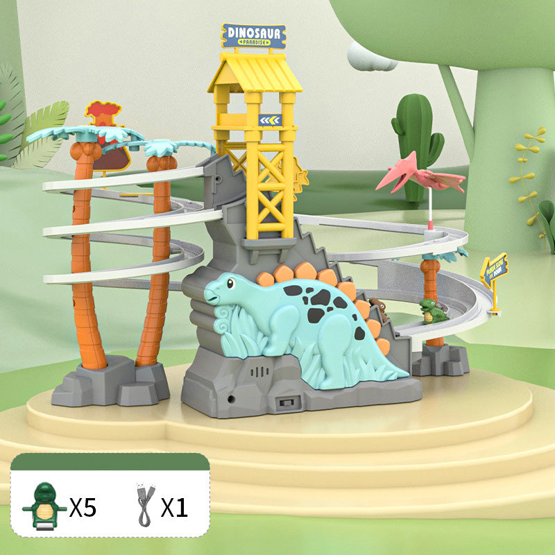 🦖 50% OFF NOW! 🎁 Electric Dual Track Dinosaur Slide - Interactive Toy with Changing Tracks & LED Lights, Encourages Crawling & Motor Skills for Toddlers 🏠⚡
