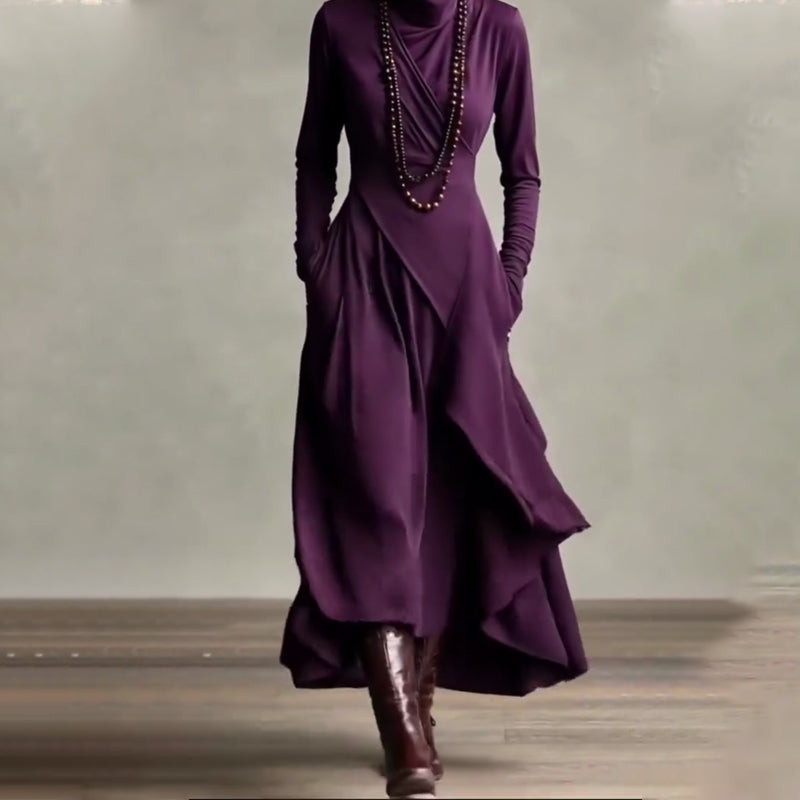⏳Time-Limited Special⏰ Women's Elegant High-Neck Asymmetrical Maxi Dress – Draped Design for Effortless Charm!