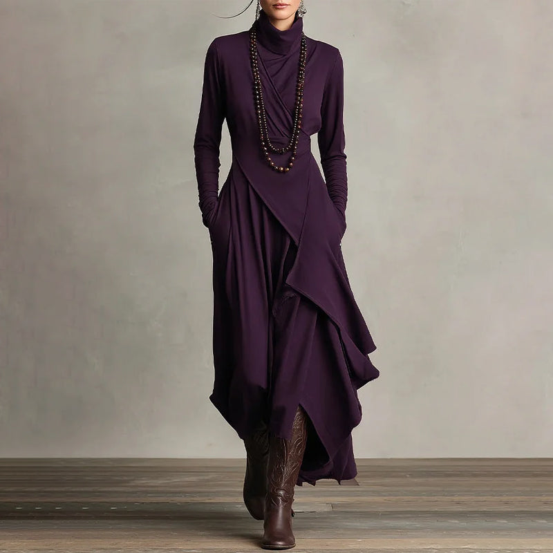 ⏳Time-Limited Special⏰ Women's Elegant High-Neck Asymmetrical Maxi Dress – Draped Design for Effortless Charm!
