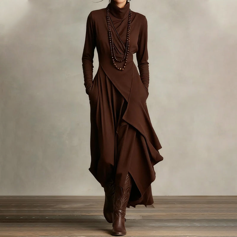 ⏳Time-Limited Special⏰ Women's Elegant High-Neck Asymmetrical Maxi Dress – Draped Design for Effortless Charm!